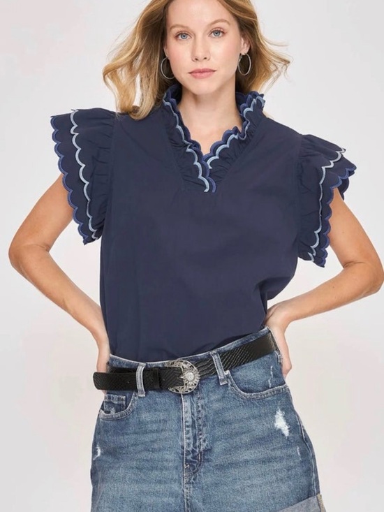 Umgee Tops - UMGEE Women’s Navy Scalloped-Trim Flutter Sleeve Top